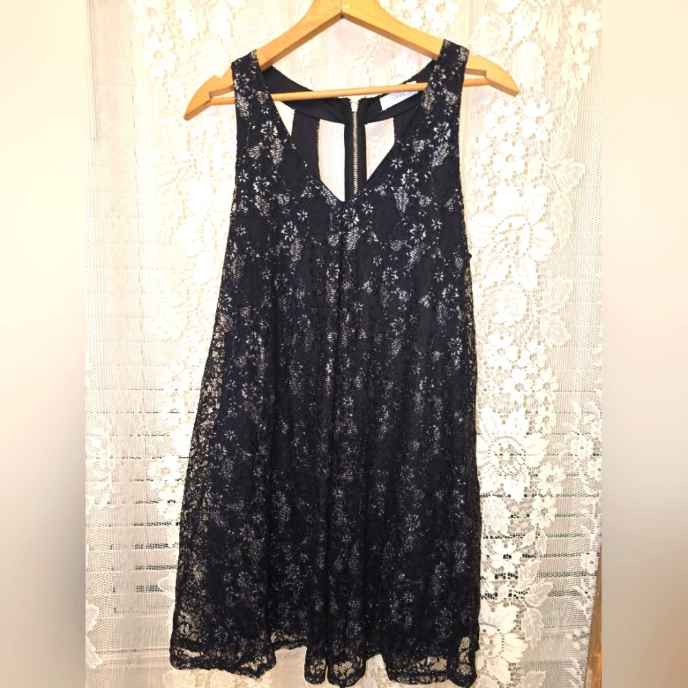 Lush, Sleeveless Black Lace Dress, Metallic Silver Accents, Womens Medium